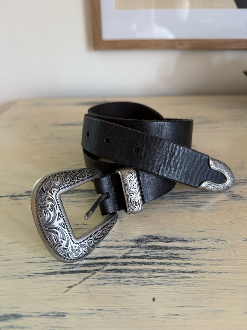Free People Western Black Genuine Leather Belt with Ornate Silver Buckle